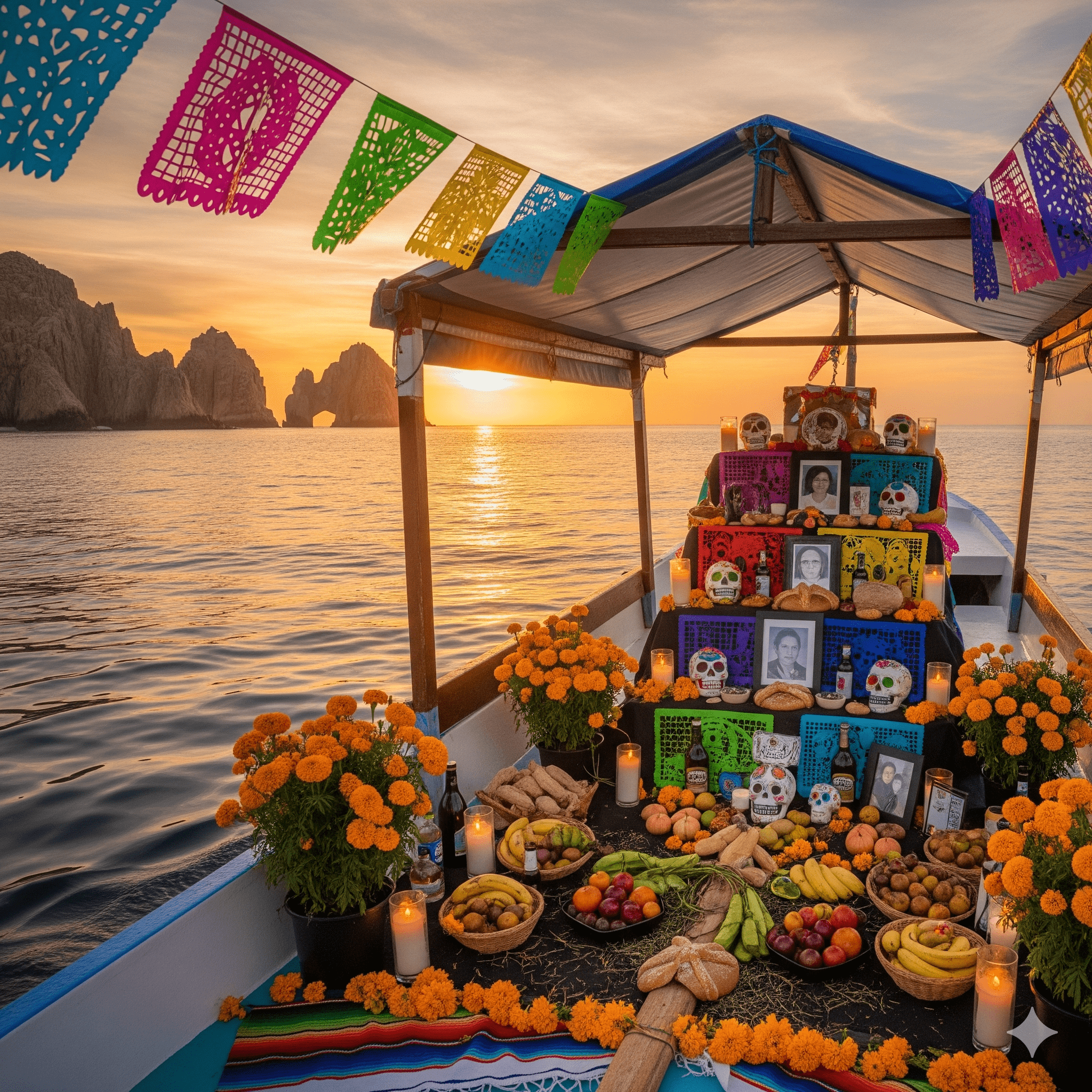 Altar de muertos en un barco al atardecer
